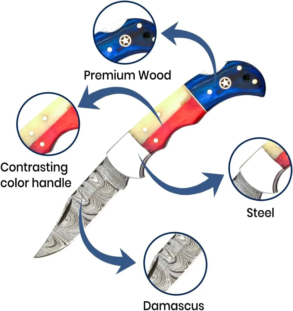 Handmade Pocket Knife 6.5" Damascus Steel Pocket Knife with Wood Handle Folding Knives Small Pocket Knife for Outdoor, Hunting, Fishing, Camping, Hiking, Authentic Damascus Steel, Leather Sheath (Multi Wood)