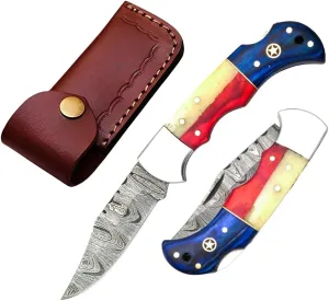 Handmade Pocket Knife 6.5" Damascus Steel Pocket Knife with Wood Handle Folding Knives Small Pocket Knife for Outdoor, Hunting, Fishing, Camping, Hiking, Authentic Damascus Steel, Leather Sheath (Multi Wood)
