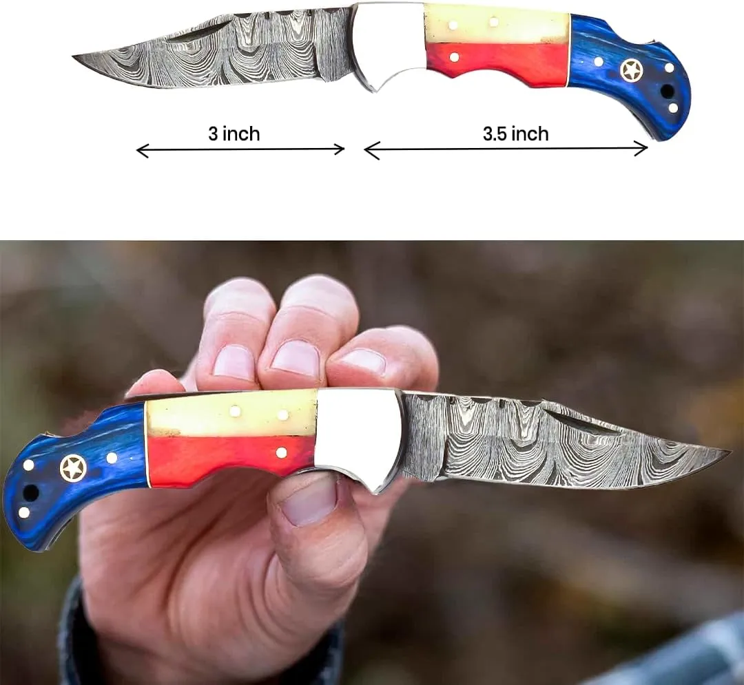 Handmade Pocket Knife 6.5" Damascus Steel Pocket Knife with Wood Handle Folding Knives Small Pocket Knife for Outdoor, Hunting, Fishing, Camping, Hiking, Authentic Damascus Steel, Leather Sheath (Multi Wood)