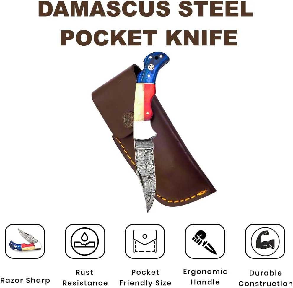 Handmade Pocket Knife 6.5" Damascus Steel Pocket Knife with Wood Handle Folding Knives Small Pocket Knife for Outdoor, Hunting, Fishing, Camping, Hiking, Authentic Damascus Steel, Leather Sheath (Multi Wood)