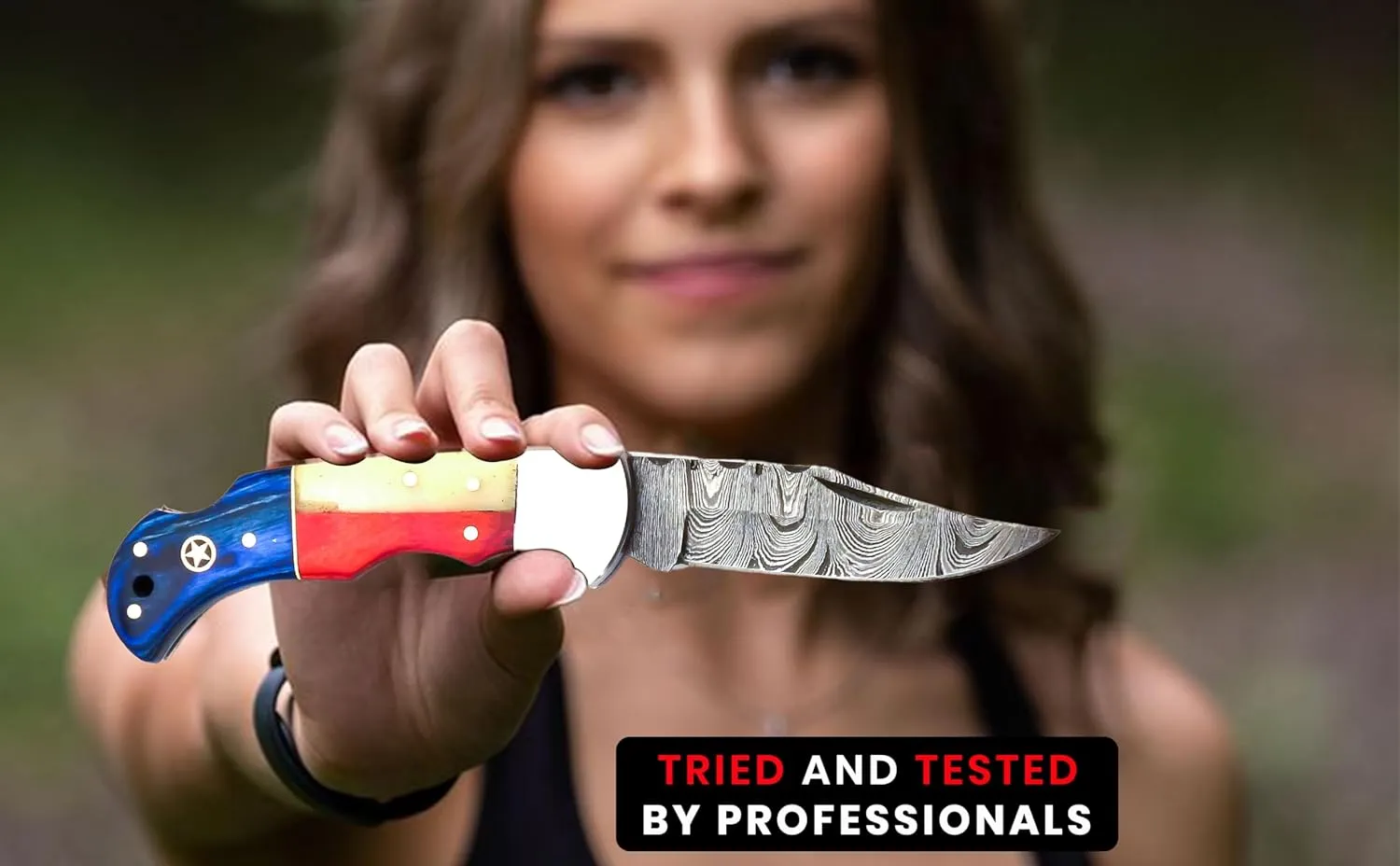 Handmade Pocket Knife 6.5" Damascus Steel Pocket Knife with Wood Handle Folding Knives Small Pocket Knife for Outdoor, Hunting, Fishing, Camping, Hiking, Authentic Damascus Steel, Leather Sheath (Multi Wood)