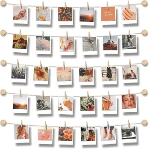 Hanging Photo Display Room Wall Decor - Sculptural Picture Frames Collage - 5 Strings with 30 Clips - 3M Self Adhesive Hooks - No Holes Drilling - 30 x 30 inch