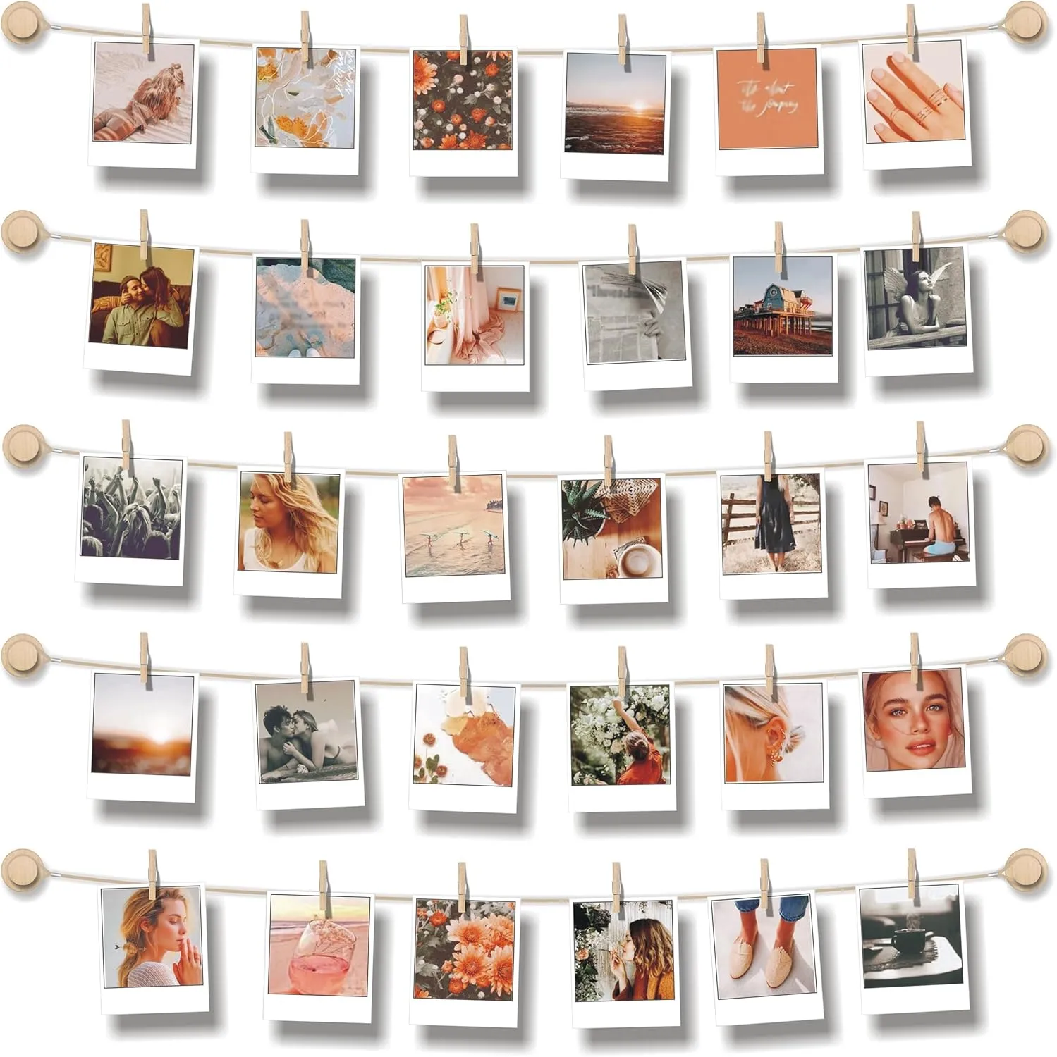 Hanging Photo Display Room Wall Decor - Sculptural Picture Frames Collage - 5 Strings with 30 Clips - 3M Self Adhesive Hooks - No Holes Drilling - 30 x 30 inch