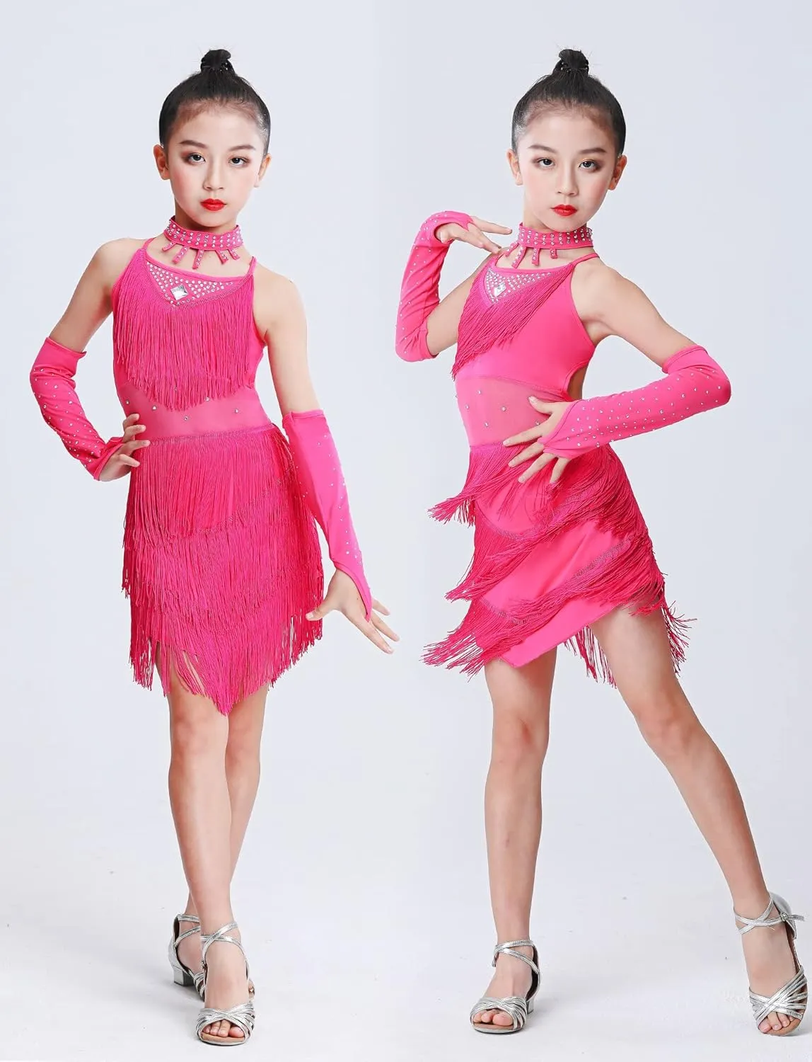 Happy Cherry Girls Latin Dress Shiny Diamonds Halter Sleeveless Tassels Dancewear Samba Rumba Jazz Cha Cha Dance Costume