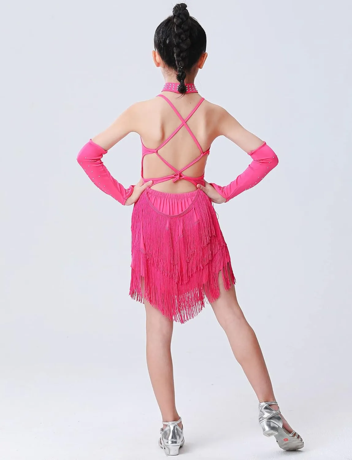Happy Cherry Girls Latin Dress Shiny Diamonds Halter Sleeveless Tassels Dancewear Samba Rumba Jazz Cha Cha Dance Costume