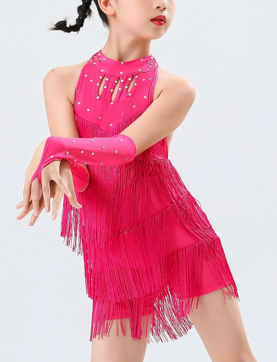Happy Cherry Girls Latin Short Bodysuit Dress Sleeveless Tassels Dancewear Samba Rumba Jazz Cha Cha Dance Costume 3-14Y