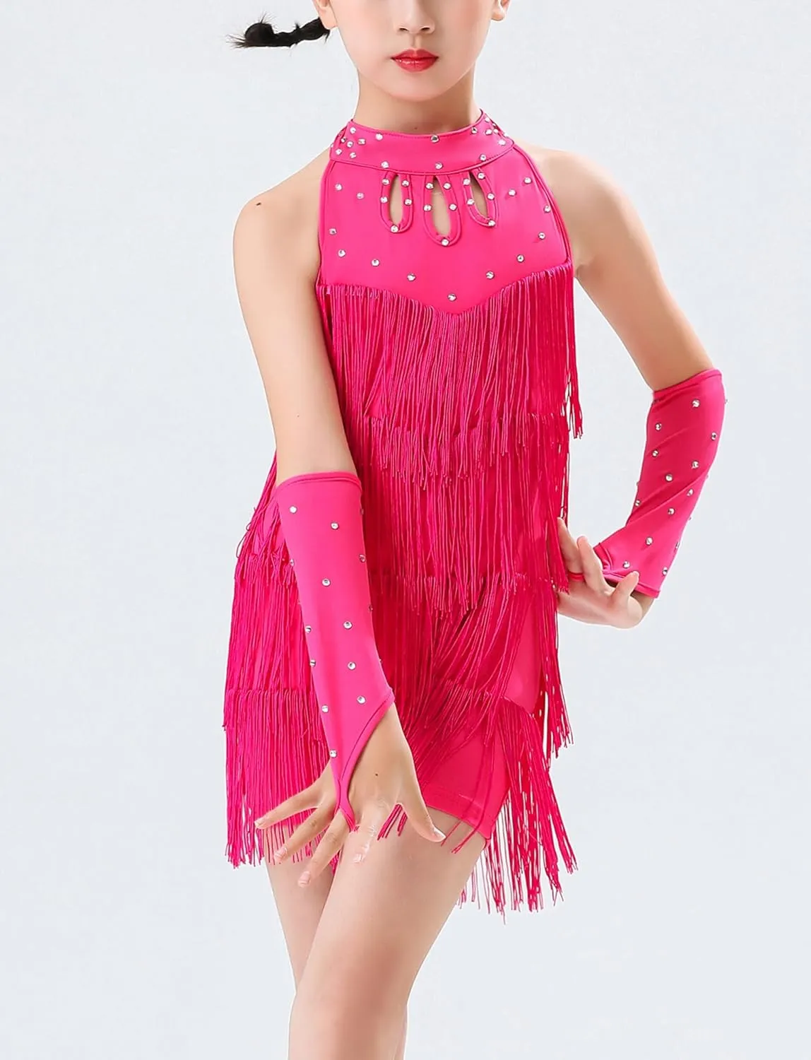 Happy Cherry Girls Latin Short Bodysuit Dress Sleeveless Tassels Dancewear Samba Rumba Jazz Cha Cha Dance Costume 3-14Y