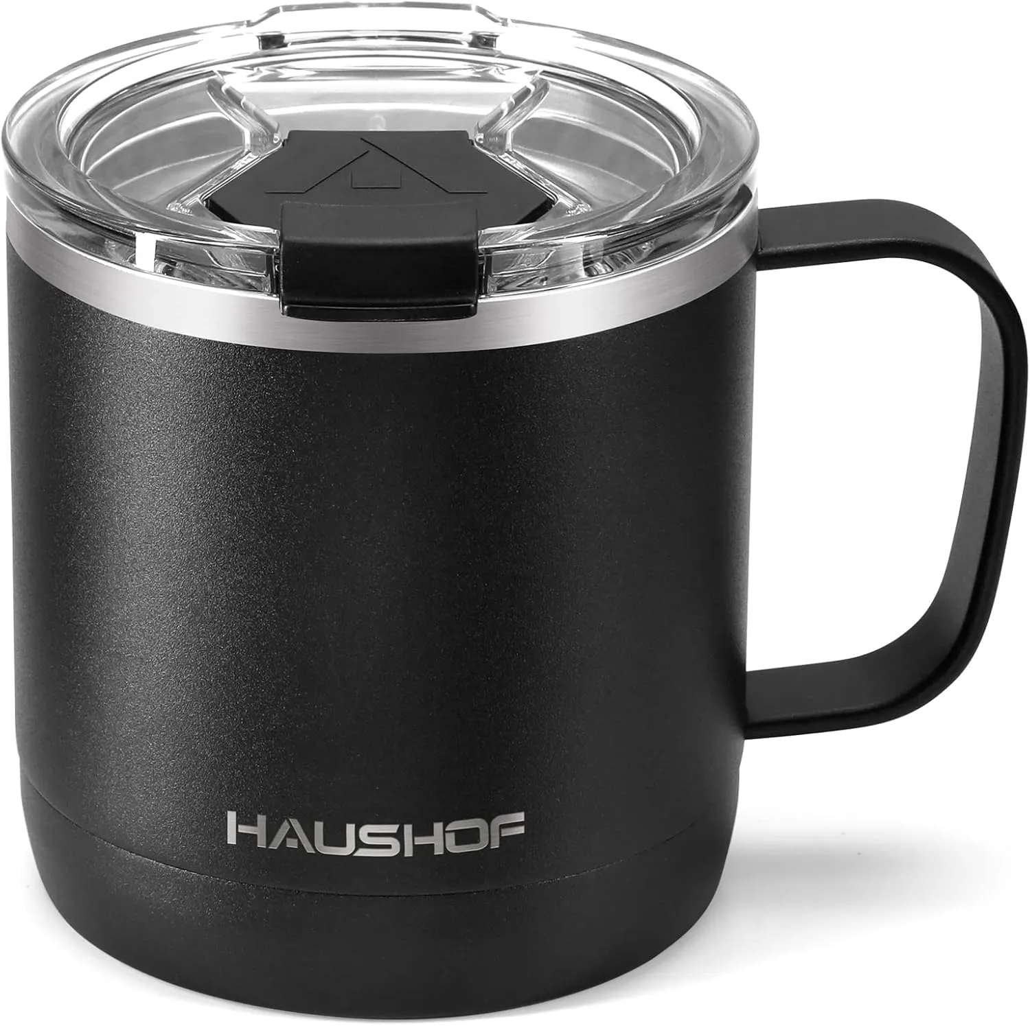 HAUSHOF 14 oz Coffee Mug, Insulated Coffee Mug with Handle, Travel Camping Cup, Portable Stainless Steel Coffee Cup, Insulated Coffee Cups with Lid, Black