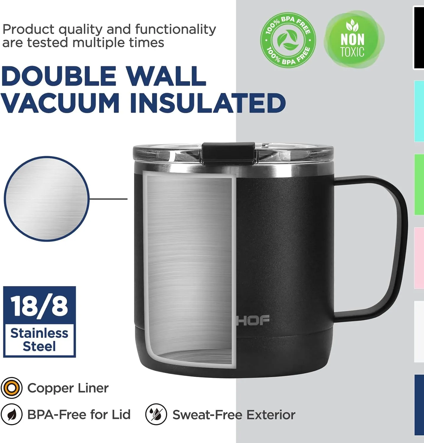 HAUSHOF 14 oz Coffee Mug, Insulated Coffee Mug with Handle, Travel Camping Cup, Portable Stainless Steel Coffee Cup, Insulated Coffee Cups with Lid, Black