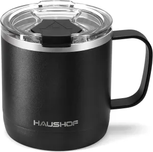 HAUSHOF 14 oz Coffee Mug, Insulated Coffee Mug with Handle, Travel Camping Cup, Portable Stainless Steel Coffee Cup, Insulated Coffee Cups with Lid, Black