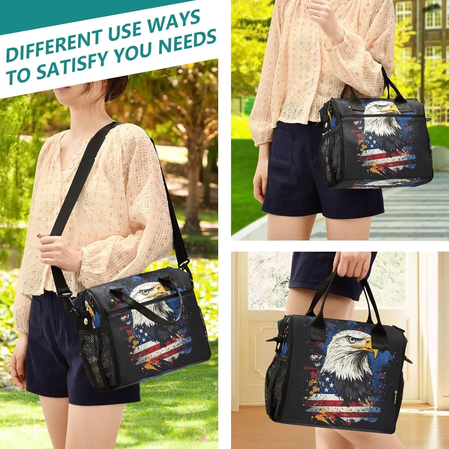 Hawk Flag Black Lunch Bag for Women Insulated Lunch Cooler Bag with Adjustable Shoulder Strap for Office Women M