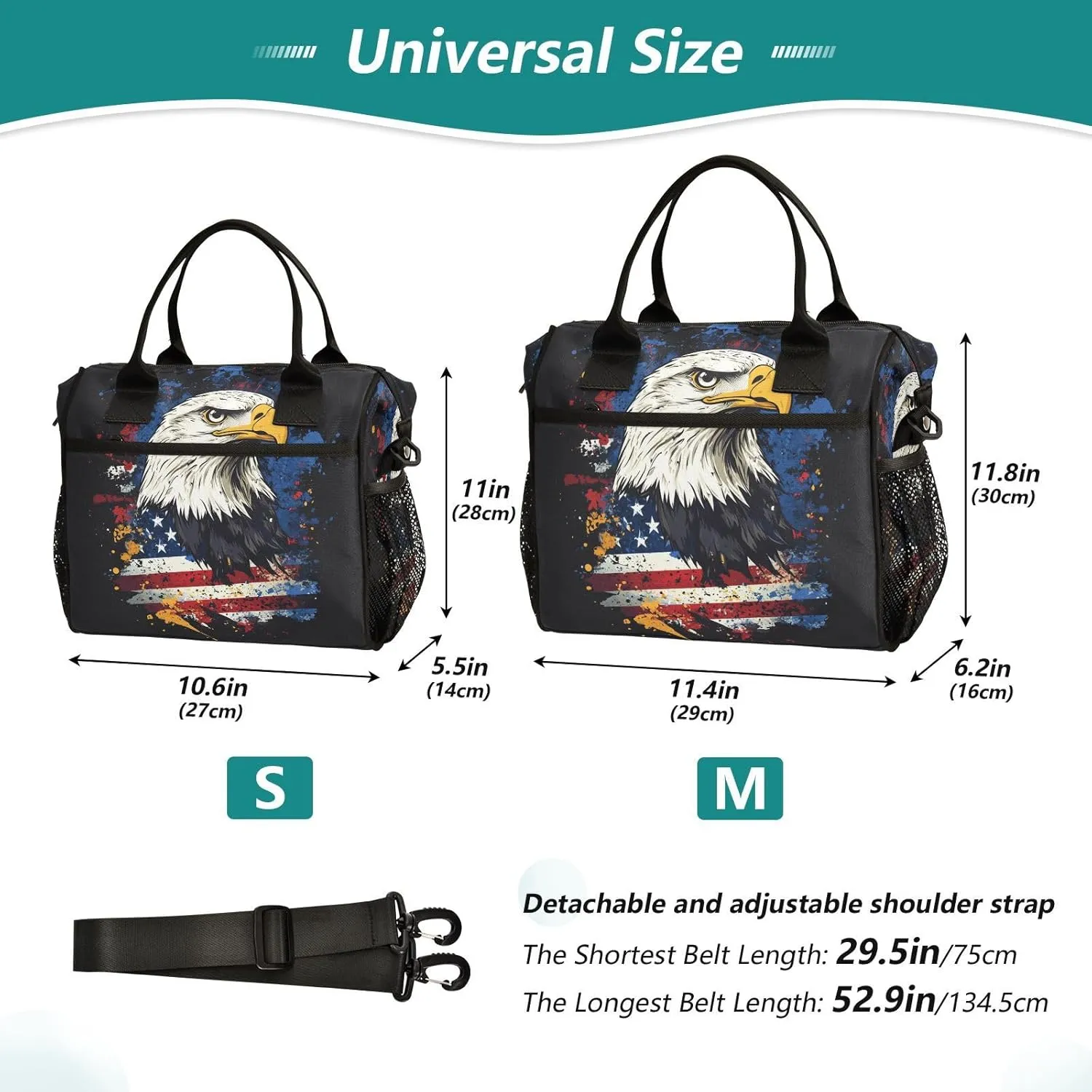 Hawk Flag Black Lunch Bag for Women Insulated Lunch Cooler Bag with Adjustable Shoulder Strap for Office Women M