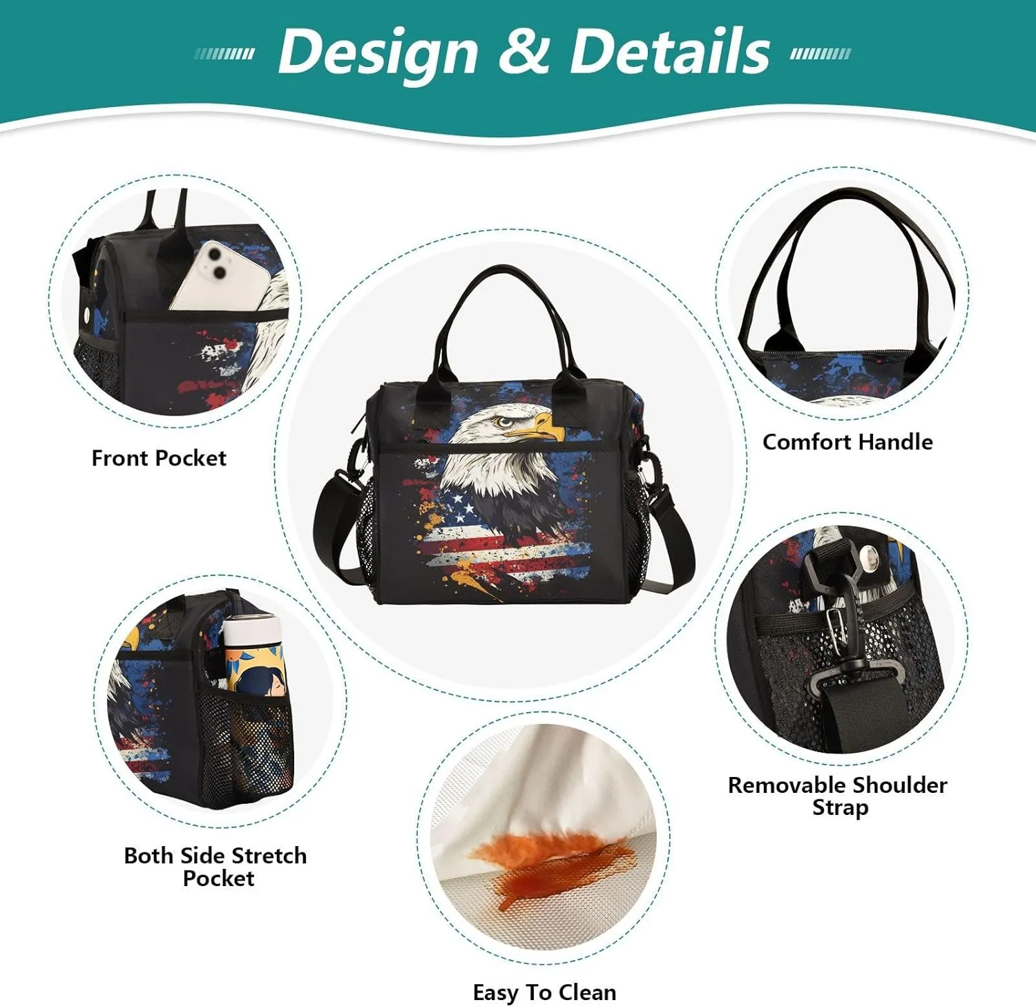 Hawk Flag Black Lunch Bag for Women Insulated Lunch Cooler Bag with Adjustable Shoulder Strap for Office Women M