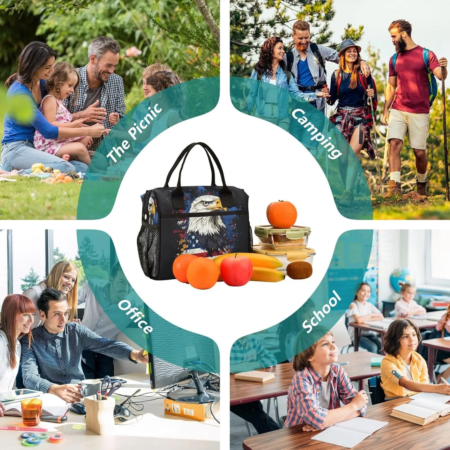 Hawk Flag Black Lunch Bag for Women Insulated Lunch Cooler Bag with Adjustable Shoulder Strap for Office Women M