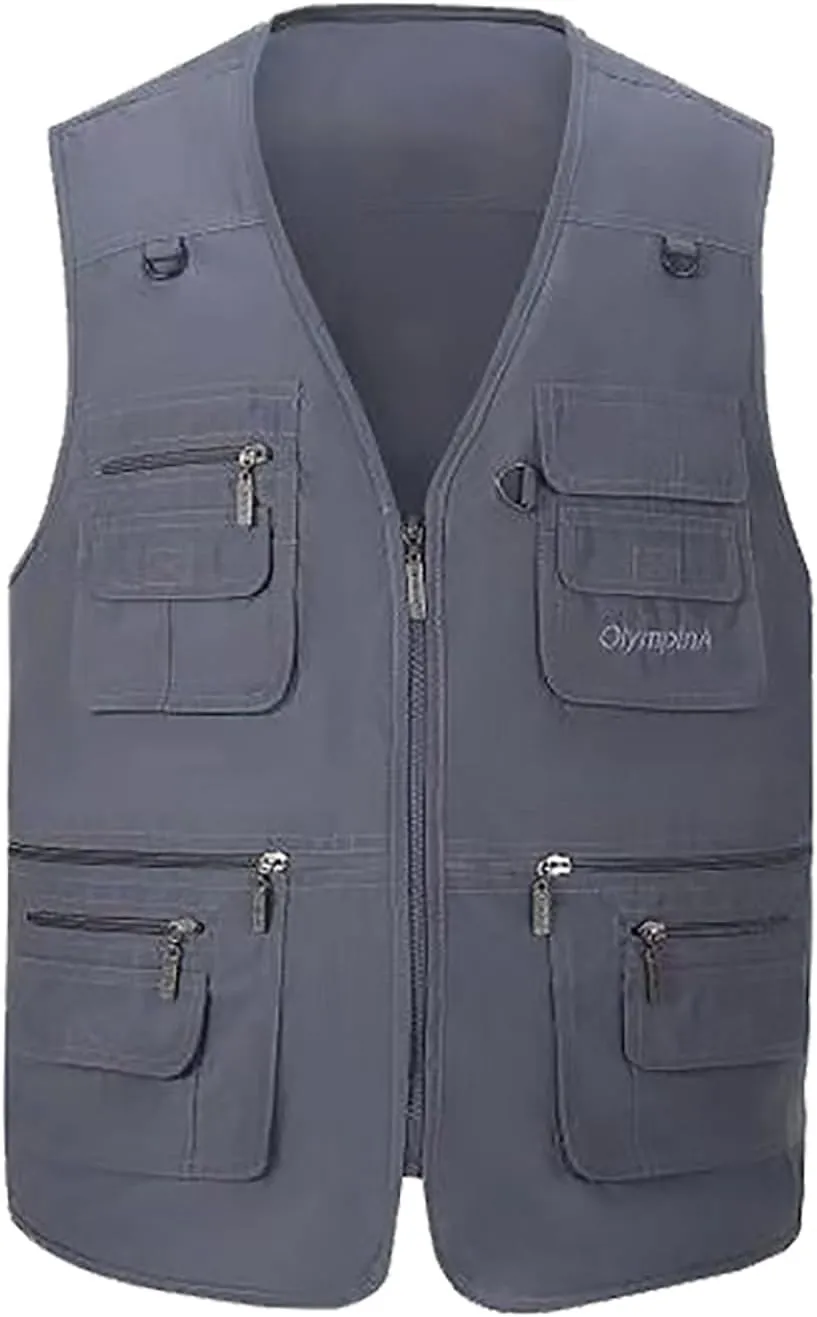 Hbufnha Men's Casual Safari Travel Vest 16 Pockets Outdoor Work Vest Sleeveless Jacket Fishing Hiking Photograph