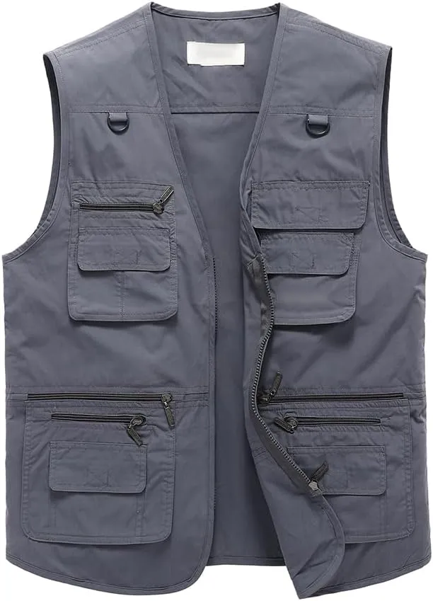 Hbufnha Men's Casual Safari Travel Vest 16 Pockets Outdoor Work Vest Sleeveless Jacket Fishing Hiking Photograph