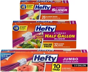 Hefty Variety, 1 Hefty Slider Bag, Jumbo, 2.5 Gallon, 10 CT, 1 Hefty Slider Bags Half Gallon, 32 CT, 1 Hefty Slider Bags, Quart, 20 CT, 1 CT