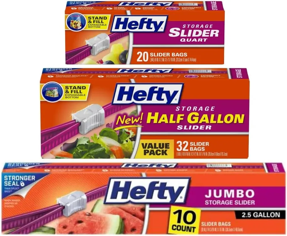 Hefty Variety, 1 Hefty Slider Bag, Jumbo, 2.5 Gallon, 10 CT, 1 Hefty Slider Bags Half Gallon, 32 CT, 1 Hefty Slider Bags, Quart, 20 CT, 1 CT