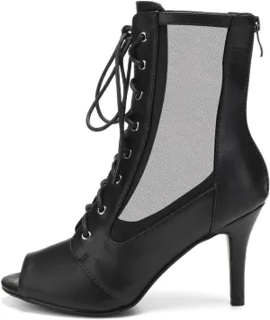 HIPPOSEUS Women's Net Yarn Latin Salsa Dance Booties Peep Toe Ballroom Ankle Boots Lace up Heels Class Dance Shoes