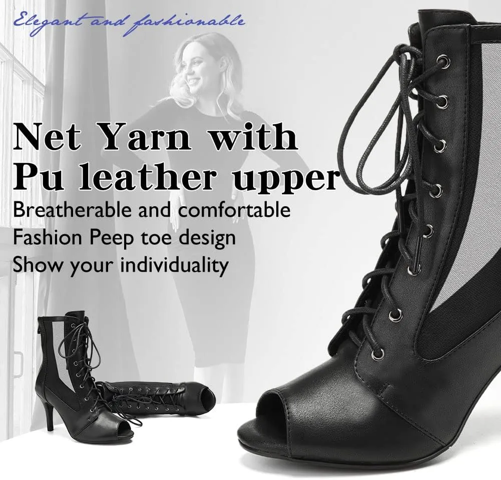 HIPPOSEUS Women's Net Yarn Latin Salsa Dance Booties Peep Toe Ballroom Ankle Boots Lace up Heels Class Dance Shoes