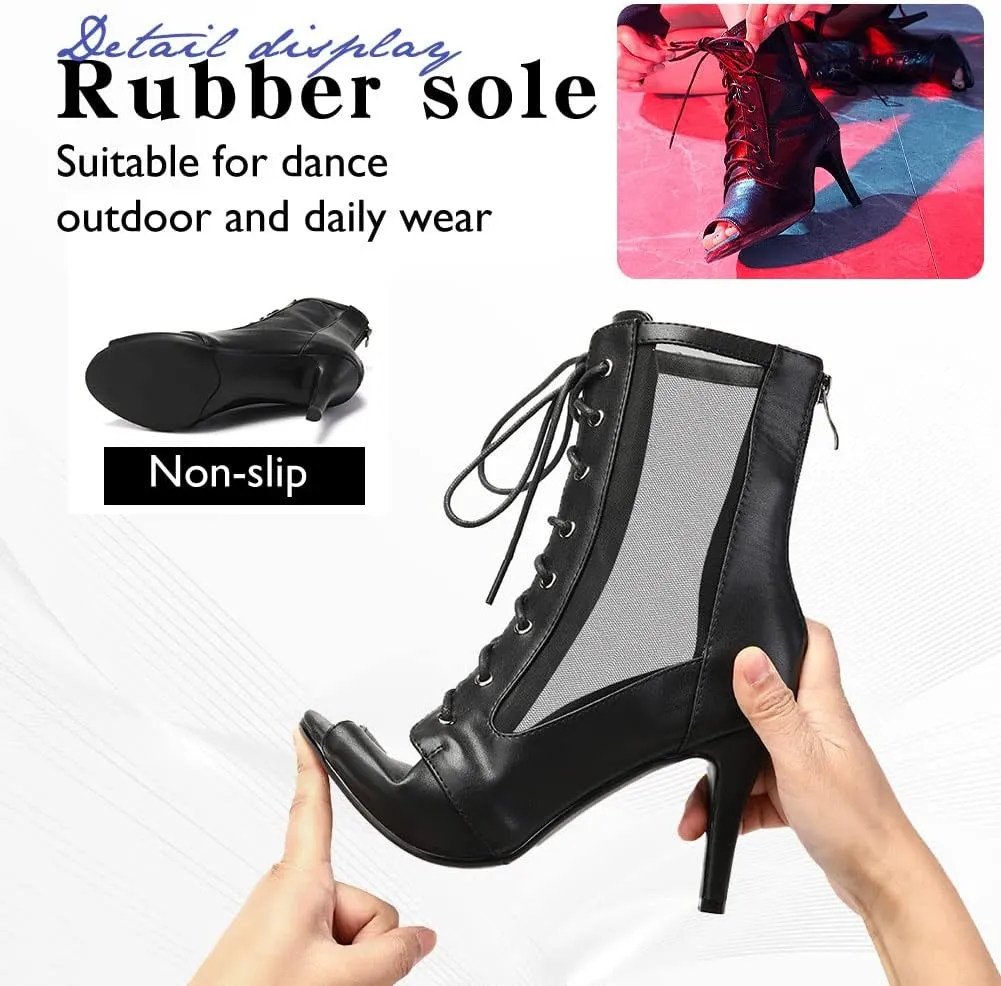 HIPPOSEUS Women's Net Yarn Latin Salsa Dance Booties Peep Toe Ballroom Ankle Boots Lace up Heels Class Dance Shoes