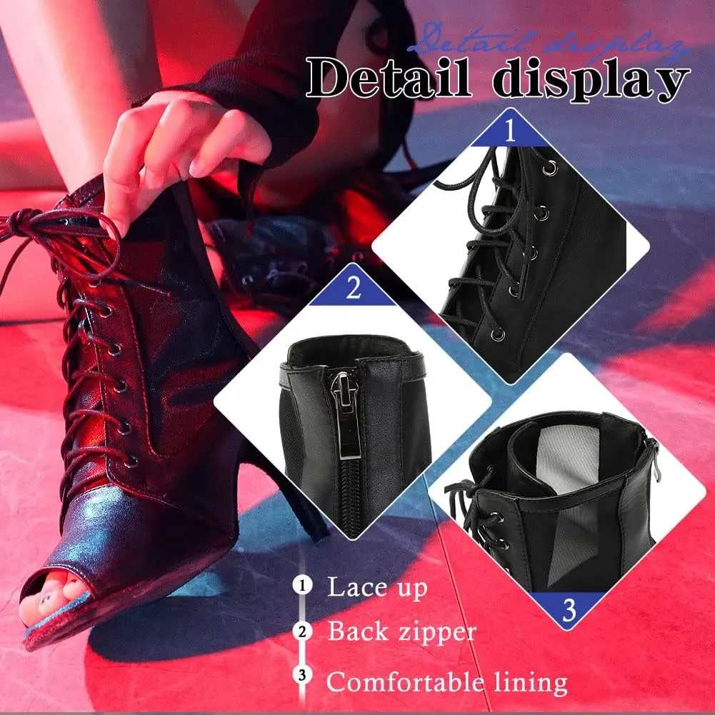 HIPPOSEUS Women's Net Yarn Latin Salsa Dance Booties Peep Toe Ballroom Ankle Boots Lace up Heels Class Dance Shoes