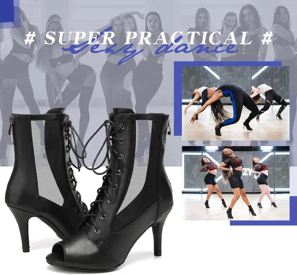 HIPPOSEUS Women's Net Yarn Latin Salsa Dance Booties Peep Toe Ballroom Ankle Boots Lace up Heels Class Dance Shoes