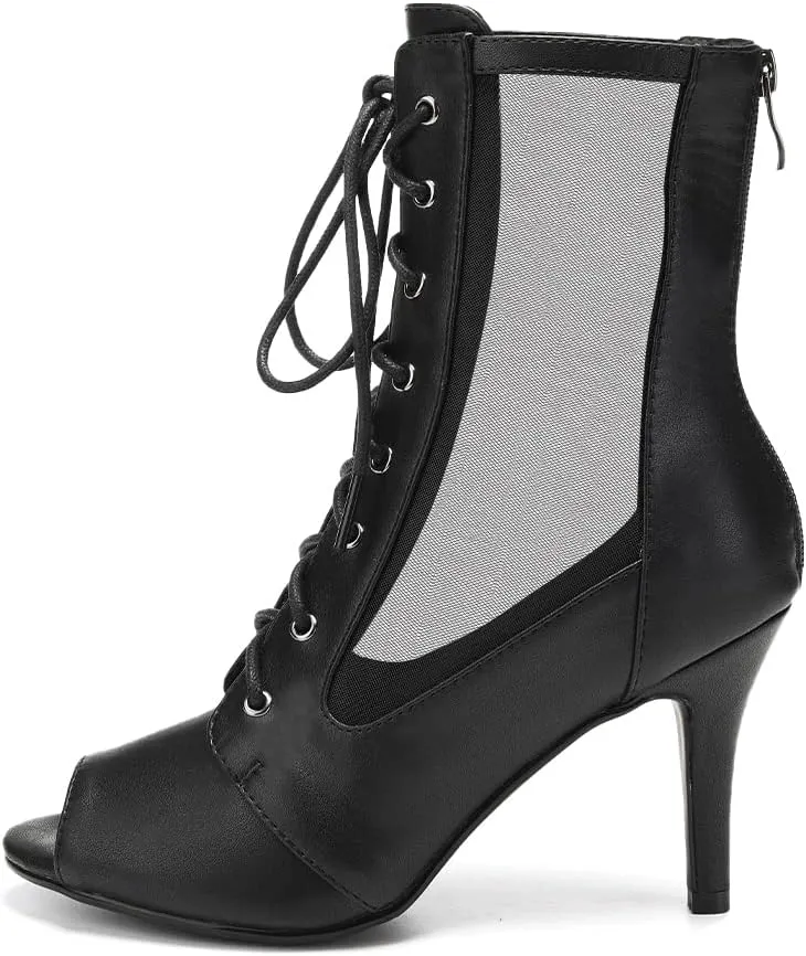 HIPPOSEUS Women's Net Yarn Latin Salsa Dance Booties Peep Toe Ballroom Ankle Boots Lace up Heels Class Dance Shoes