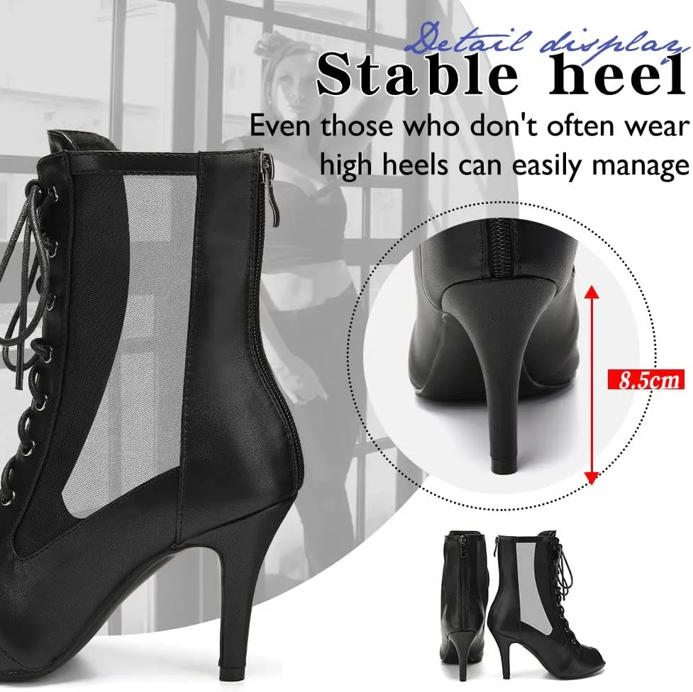 HIPPOSEUS Women's Net Yarn Latin Salsa Dance Booties Peep Toe Ballroom Ankle Boots Lace up Heels Class Dance Shoes