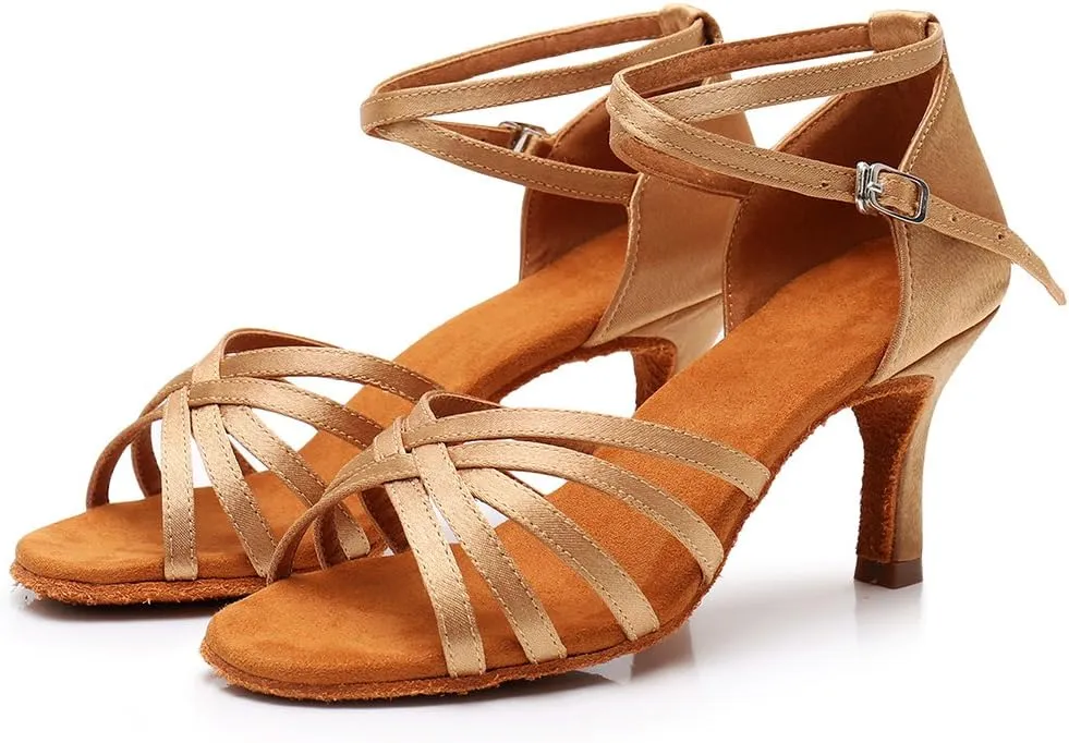 HIPPOSEUS Women's Open Toe Latin Dance Shoes Ankle Strap Ballroom Salsa Bachata Dancing Shoes Suede Outsole