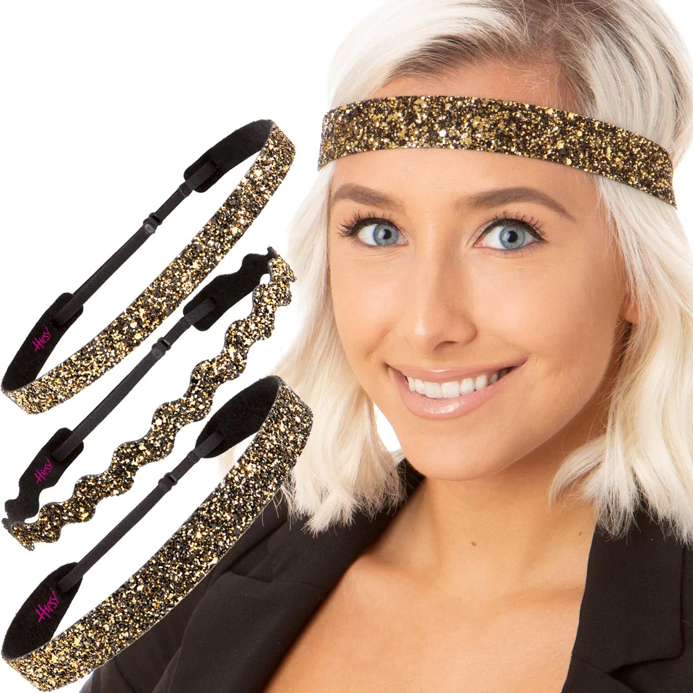 Hipsy PLUS Size, Adjustable No Slip Sparkly Bling Mixed 3pk Headbands for Women Girls & Teens (Bling Glitter Mixed Diva)