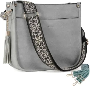 HKCLUF Vegan Leather Crossbody Bags Purse for Women Trendy Tassel Hobo Handbag Women With 2PCS Adjustable Guitar Strap