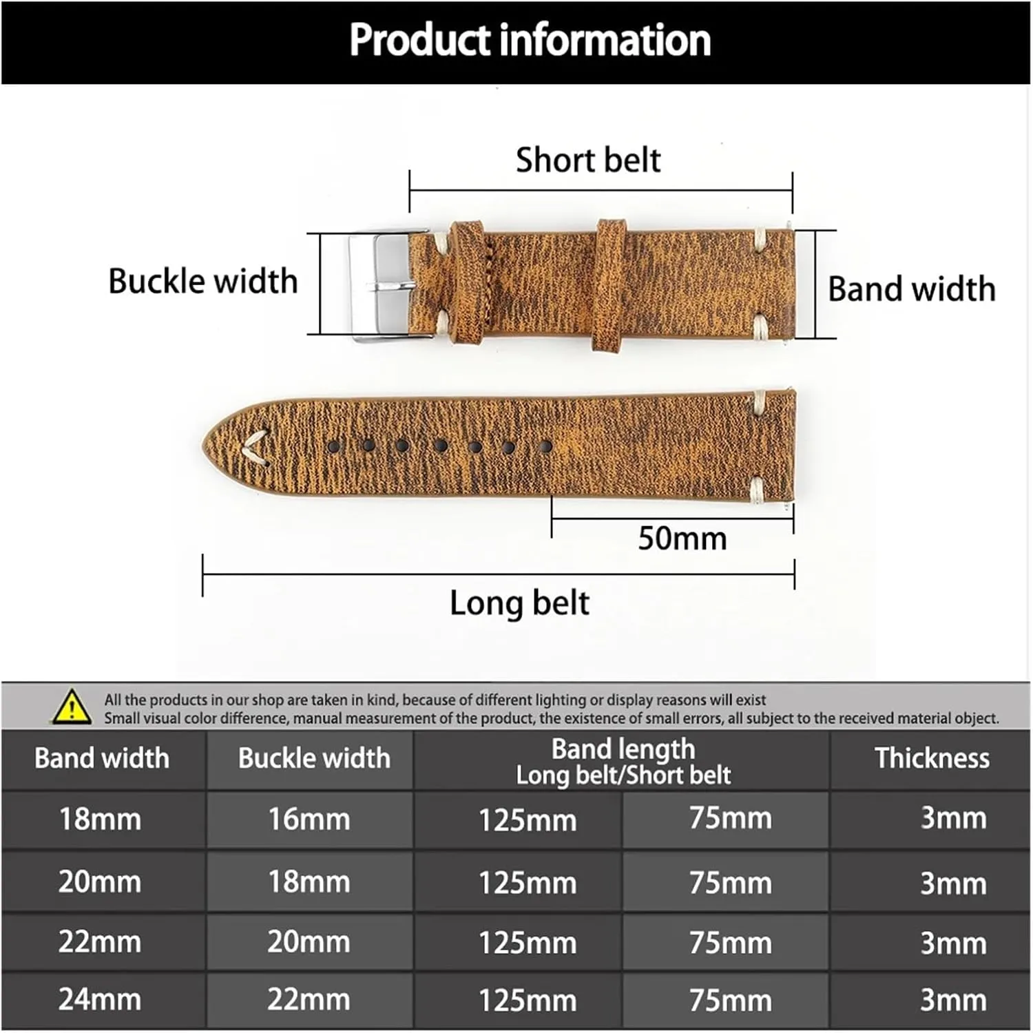 HMFang Genuine Cow Leather Watchband 18mm 20mm 22mm 24mm Stainless Steel Pin Buckle Watch Strap Replacement For Men Women