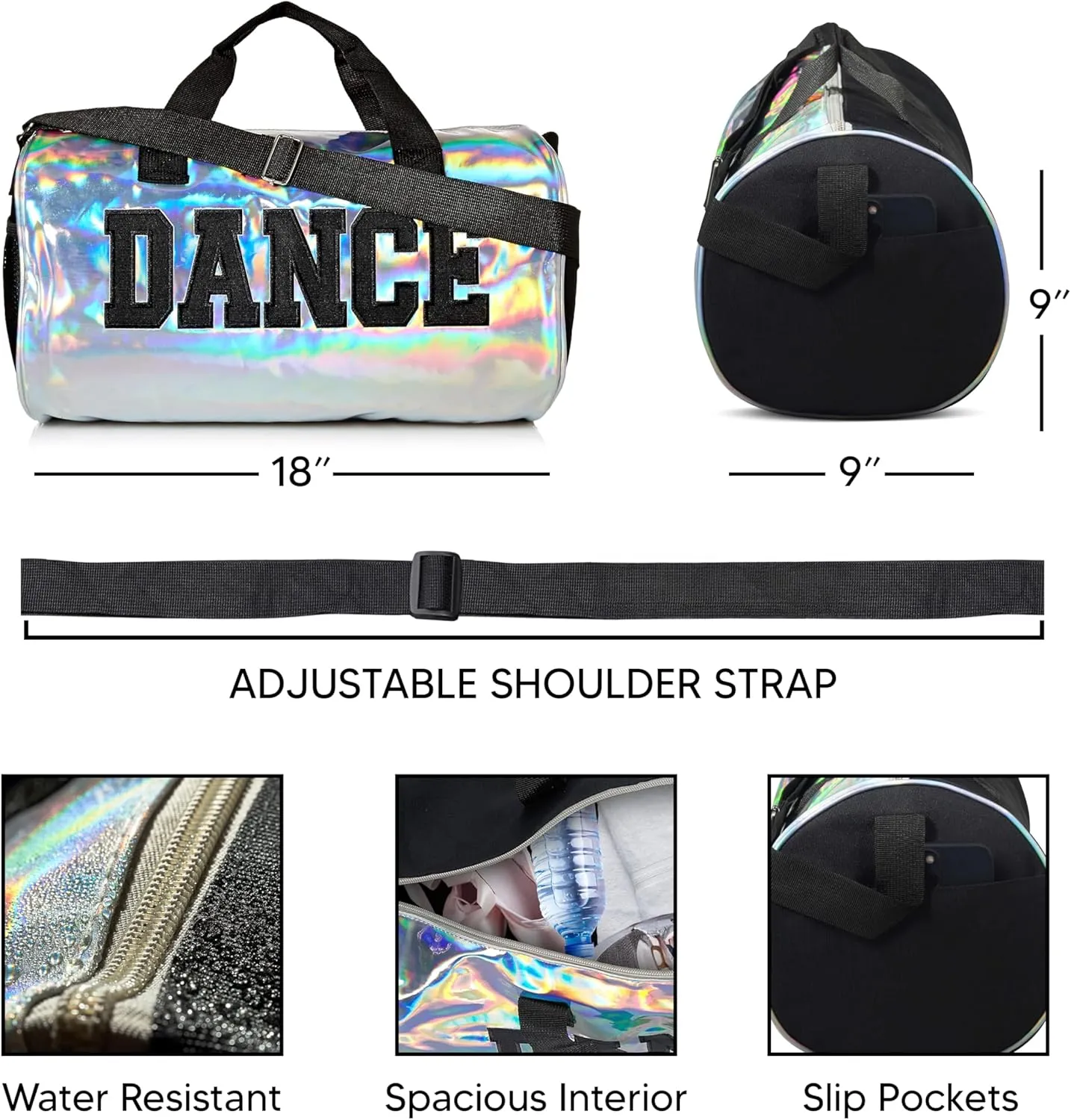 Holographic Dance Duffle Bag for Girls, Kids Travel Bag with Adjustable Carry on and Handy Pouch, Dance Accessories for Girls, Teens - 18 L