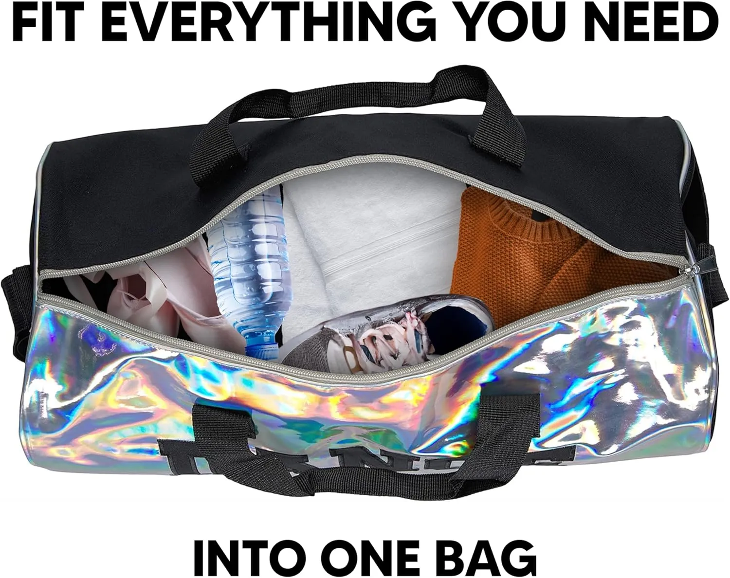 Holographic Dance Duffle Bag for Girls, Kids Travel Bag with Adjustable Carry on and Handy Pouch, Dance Accessories for Girls, Teens - 18 L