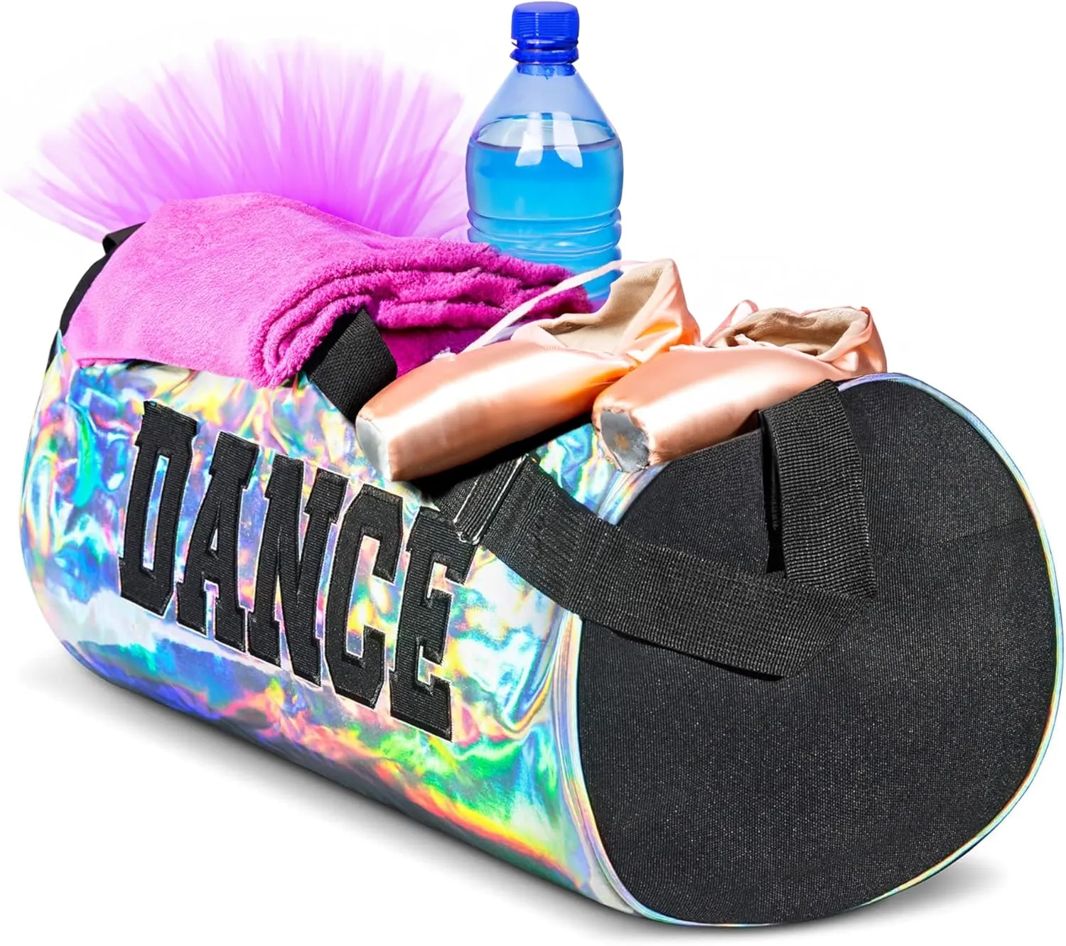 Holographic Dance Duffle Bag for Girls, Kids Travel Bag with Adjustable Carry on and Handy Pouch, Dance Accessories for Girls, Teens - 18 L