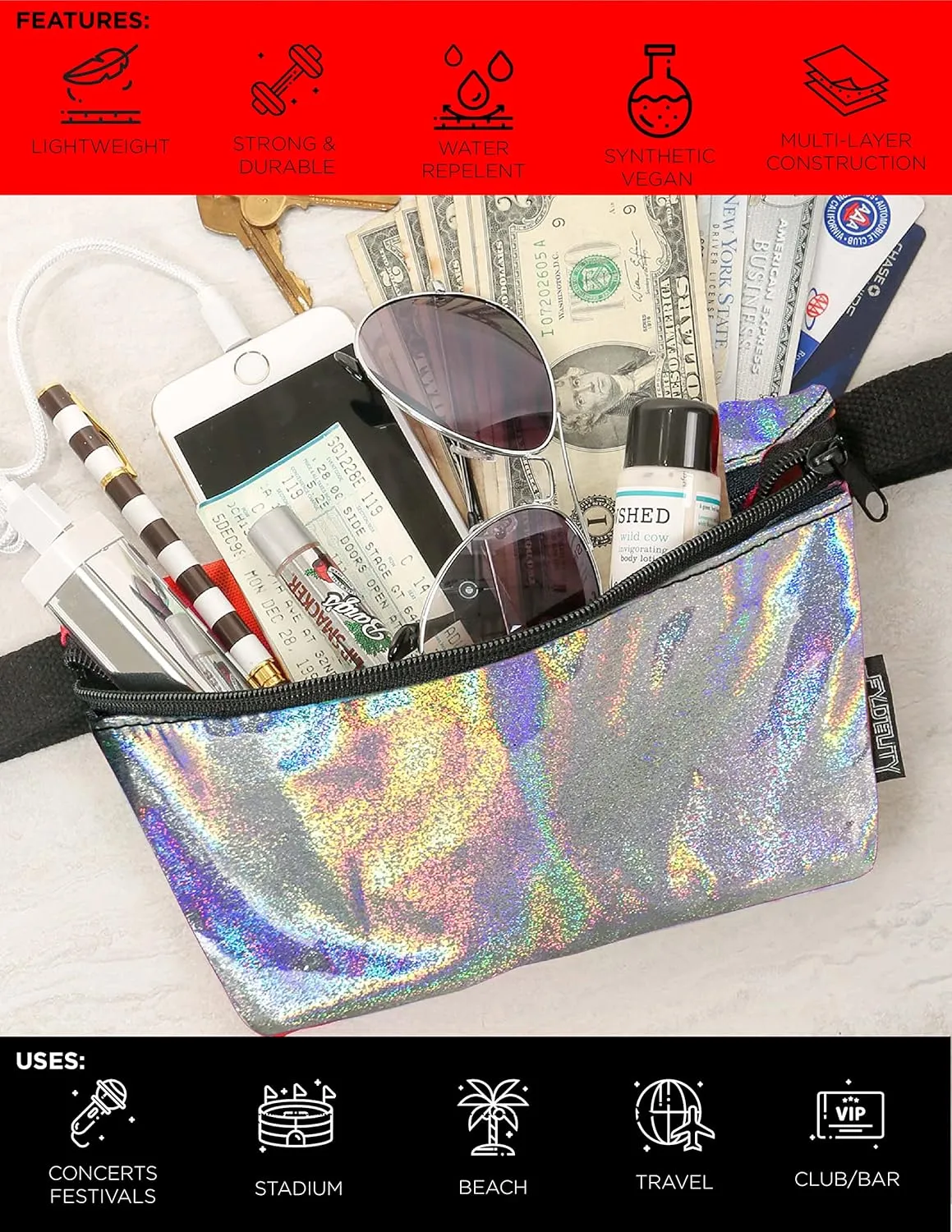 Holographic Fanny Pack for Men Girls Neon Fanny Pack Women Essentials Rave Accessories Cute Fanny Packs for Women Fashionable Iridescent Festival Bag Fashion Waist Retro 80s 90s (82970)
