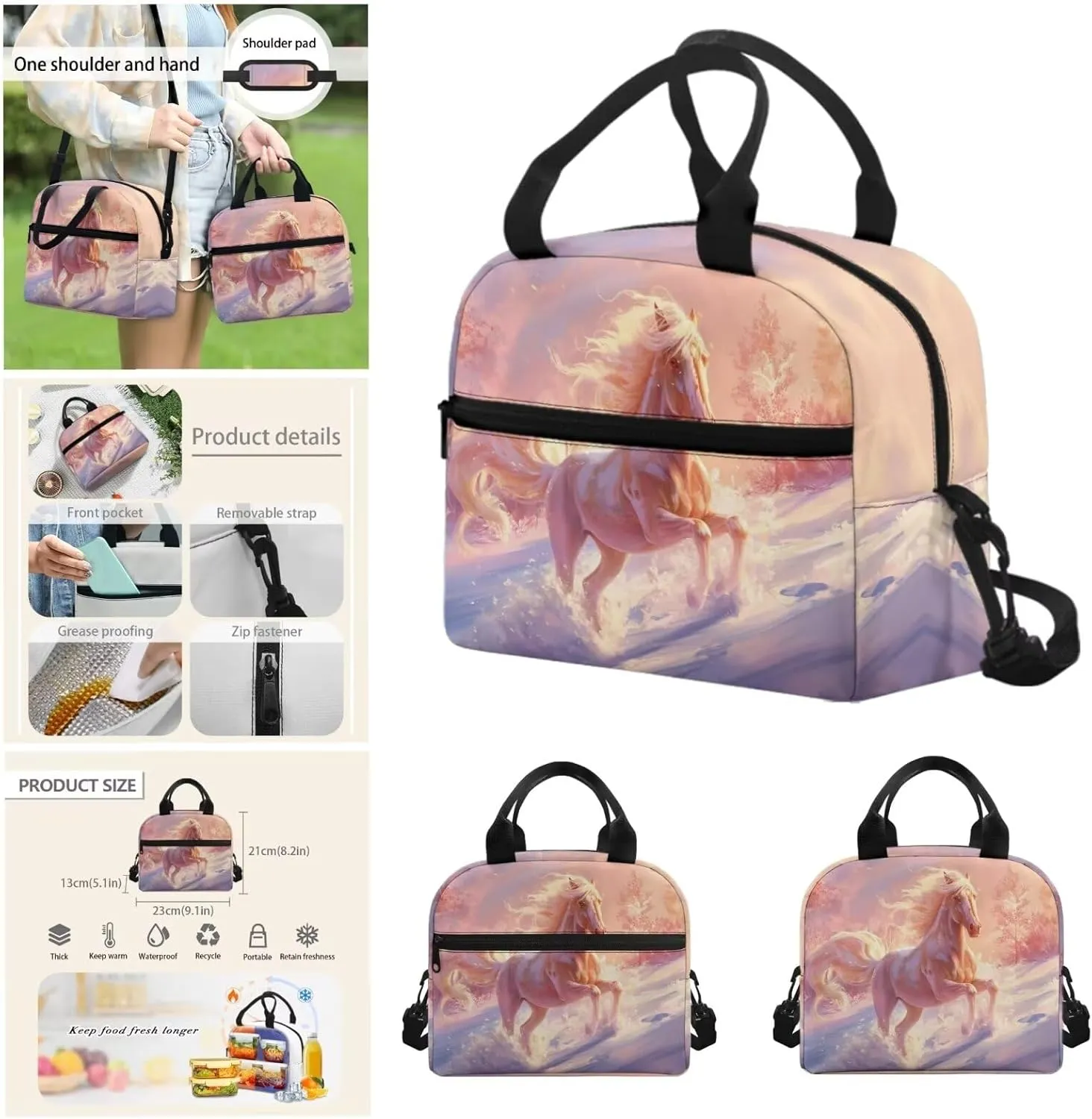 Horse 4 Piece Backpack Set for Girls 3rd Grade 17 inch Shoulder Bag for School Teens Freezable Lunch Bag with Pencil Pouch and Water Bottle Sleeve for Secondary School