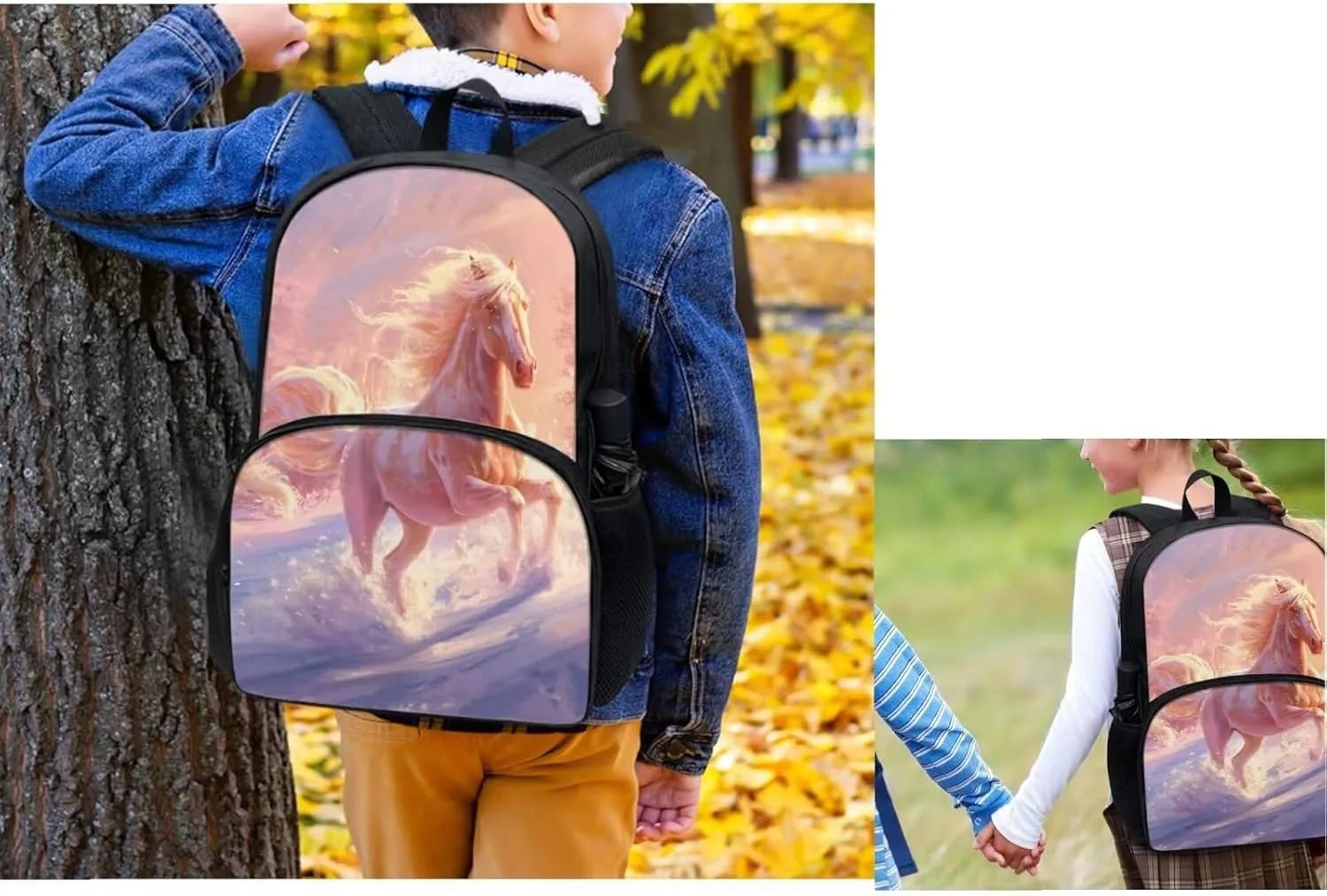 Horse 4 Piece Backpack Set for Girls 3rd Grade 17 inch Shoulder Bag for School Teens Freezable Lunch Bag with Pencil Pouch and Water Bottle Sleeve for Secondary School