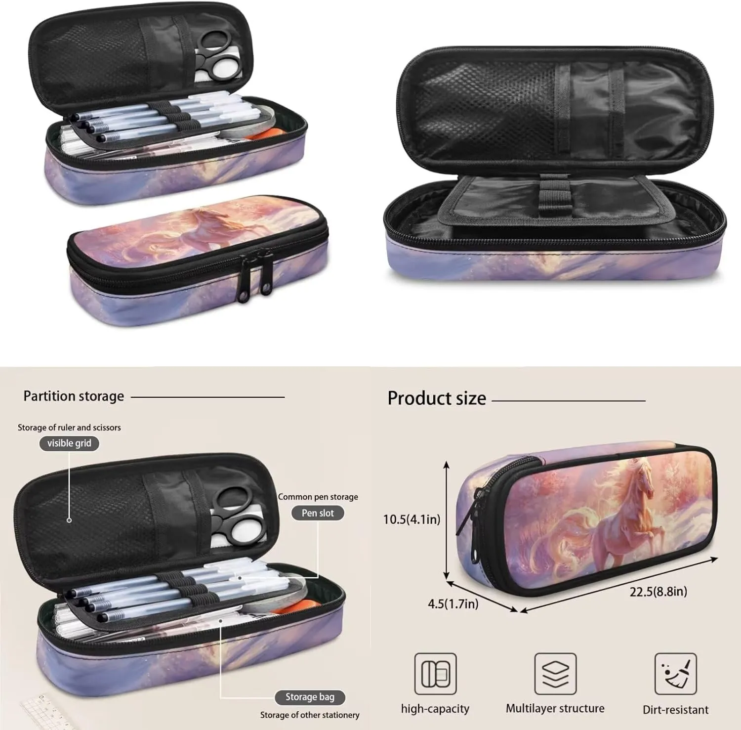 Horse 4 Piece Backpack Set for Girls 3rd Grade 17 inch Shoulder Bag for School Teens Freezable Lunch Bag with Pencil Pouch and Water Bottle Sleeve for Secondary School