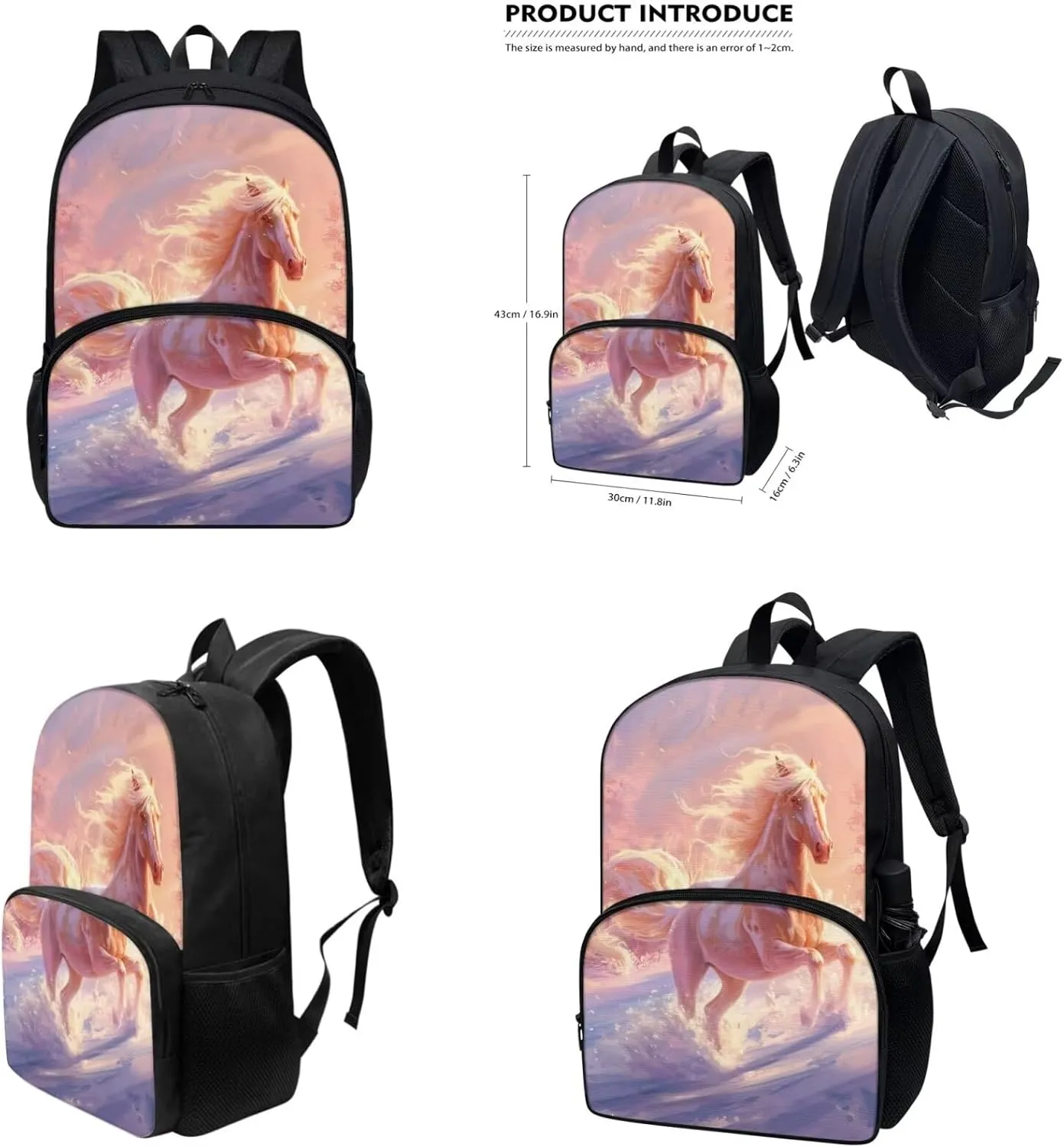 Horse 4 Piece Backpack Set for Girls 3rd Grade 17 inch Shoulder Bag for School Teens Freezable Lunch Bag with Pencil Pouch and Water Bottle Sleeve for Secondary School