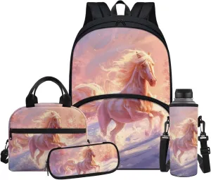 Horse 4 Piece Backpack Set for Girls 3rd Grade 17 inch Shoulder Bag for School Teens Freezable Lunch Bag with Pencil Pouch and Water Bottle Sleeve for Secondary School