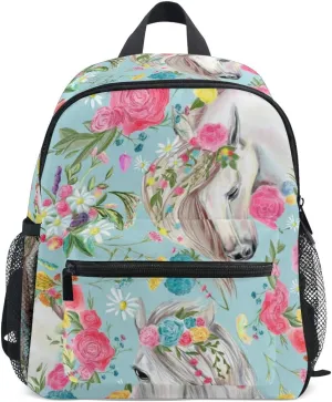 Horse And Flower Toddler Backpack Preschool Backpack Travel Bag for 3-8 Years Baby Girl Boy