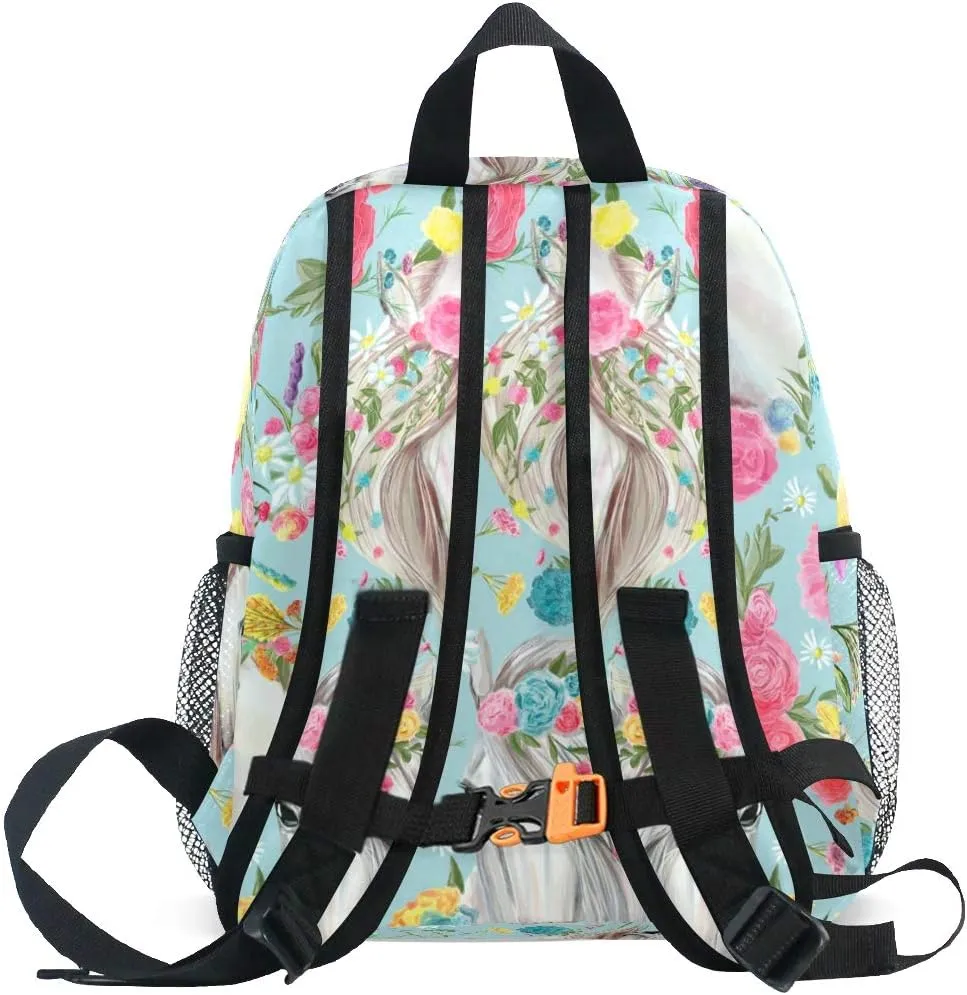 Horse And Flower Toddler Backpack Preschool Backpack Travel Bag for 3-8 Years Baby Girl Boy