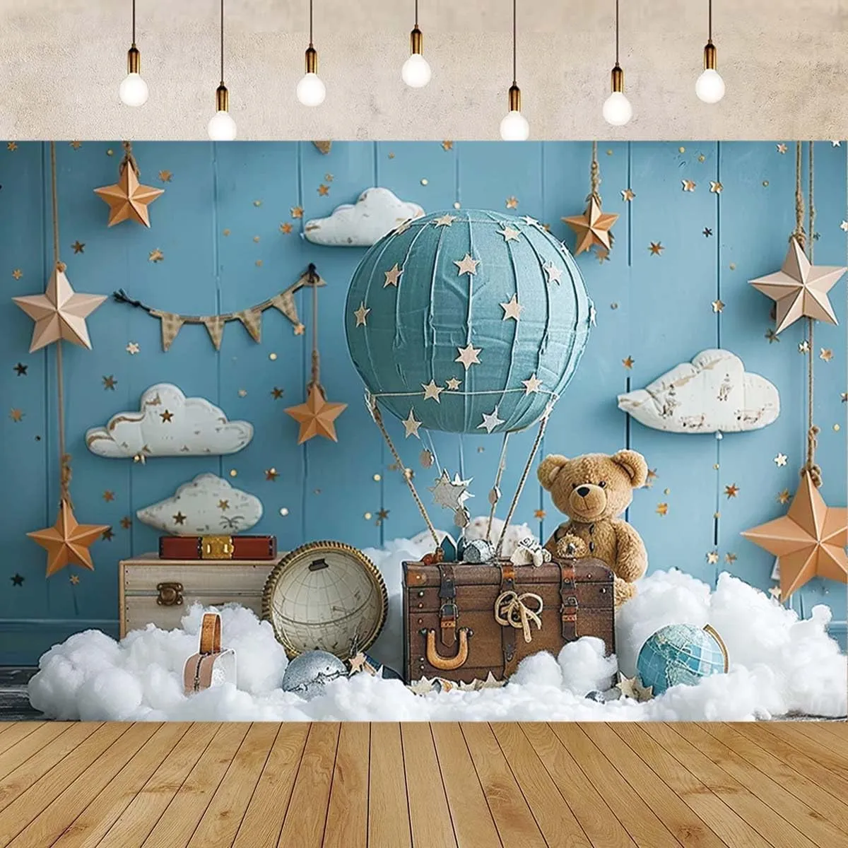 Hot Air Balloon Bear Baby Shower Photography Background Baby Boys One 1st Birthday Backdrop Luggage Adventure Background Cake Smash Kids Birthday Party Newborn Shower Backdrop,8x6feet