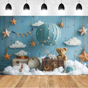 Hot Air Balloon Bear Baby Shower Photography Background Baby Boys One 1st Birthday Backdrop Luggage Adventure Background Cake Smash Kids Birthday Party Newborn Shower Backdrop,8x6feet