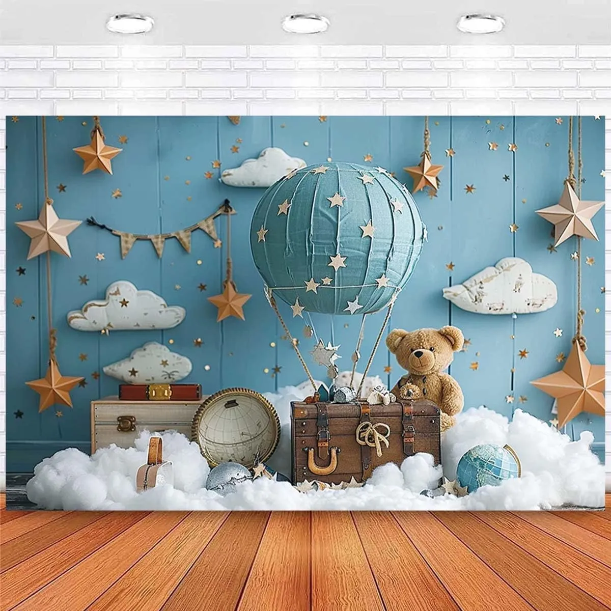Hot Air Balloon Bear Baby Shower Photography Background Baby Boys One 1st Birthday Backdrop Luggage Adventure Background Cake Smash Kids Birthday Party Newborn Shower Backdrop,8x6feet