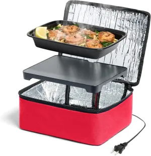 HOTLOGIC Mini Heated Lunch Box with Glass Container - Portable Electric Food Warmer for Men and Women - Great for Work, Office, and Construction - Cook, Reheat, and Eat on the Go - 120V - Red