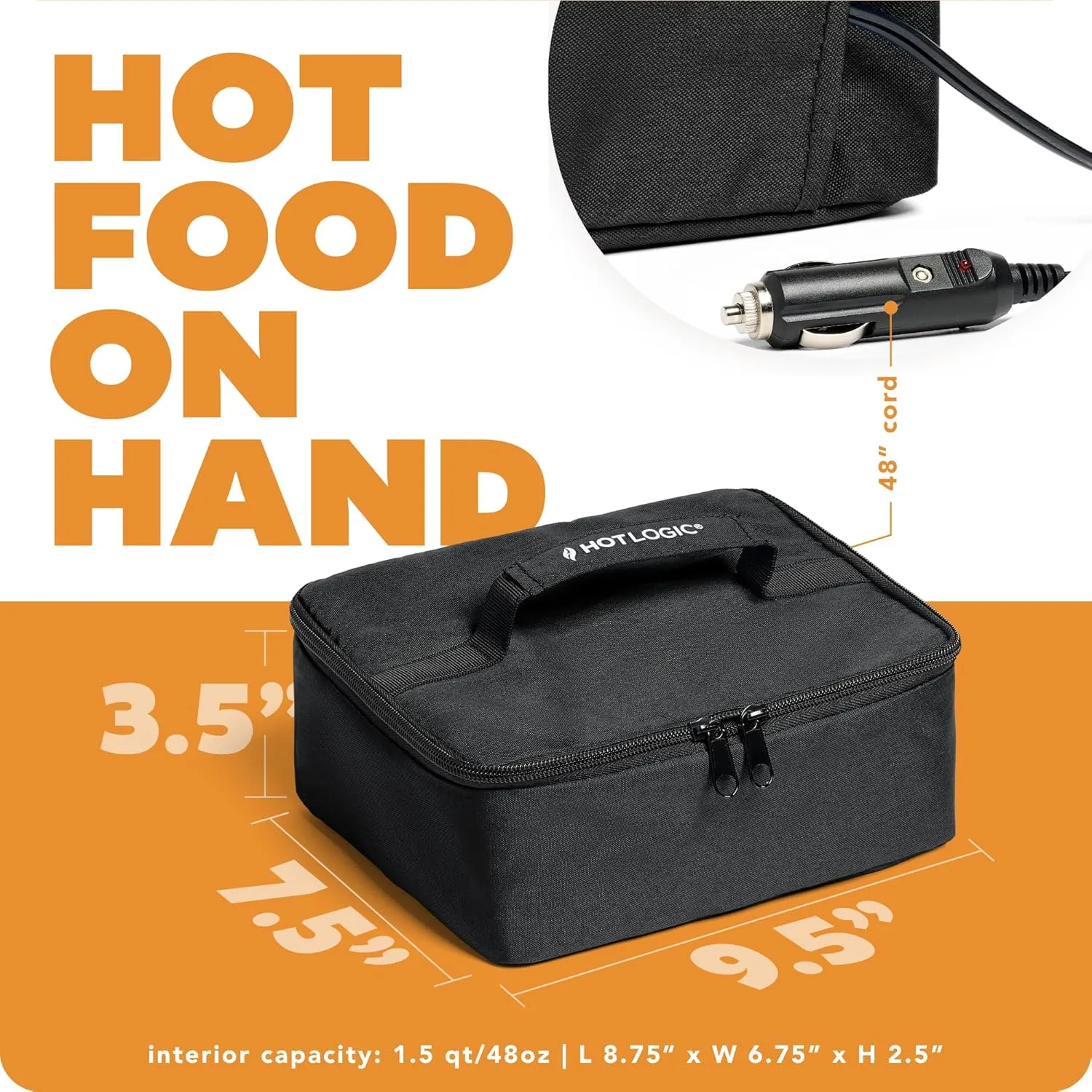 HOTLOGIC Mini Heated Lunch Box with Glass Container - Portable Electric Food Warmer for Men and Women - Great for Work, Office, and Construction - Cook, Reheat, and Eat on the Go - 12V - Black