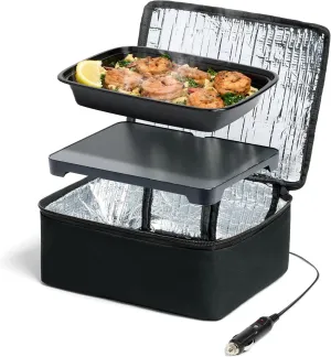 HOTLOGIC Mini Heated Lunch Box with Glass Container - Portable Electric Food Warmer for Men and Women - Great for Work, Office, and Construction - Cook, Reheat, and Eat on the Go - 12V - Black